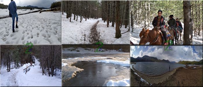 Rara lake scene snow trek, frozen water, horse riding